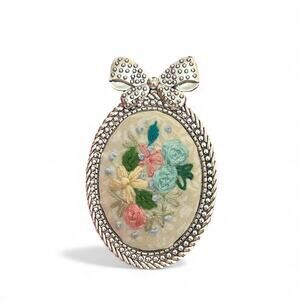 Pastel Flower Embroidery Necklace, Handmade Pendant / Broach